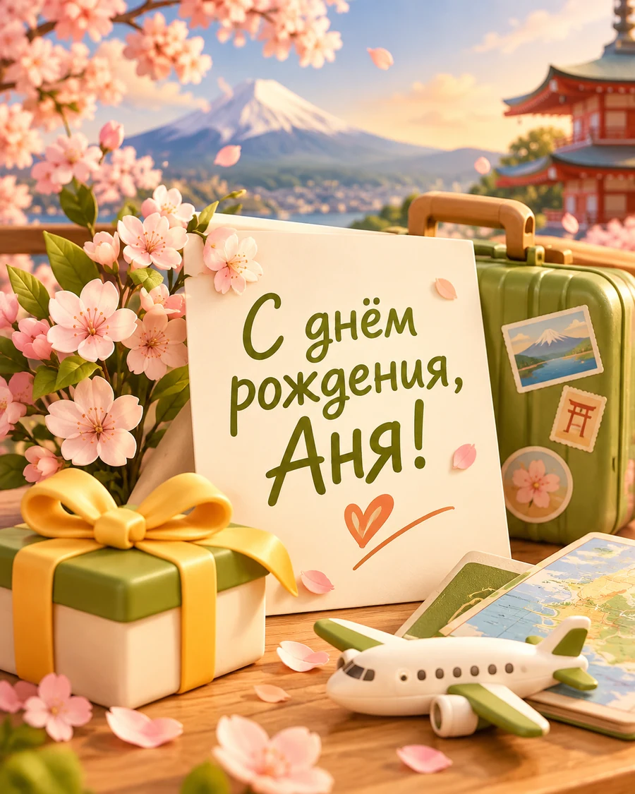 Пример открытки по этому промпту: «С днём рождения, Аня!»